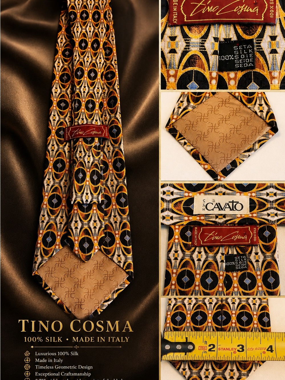 Tino Cosma Silk Tie in Gold and Black Geometric Pattern. Made in Italy